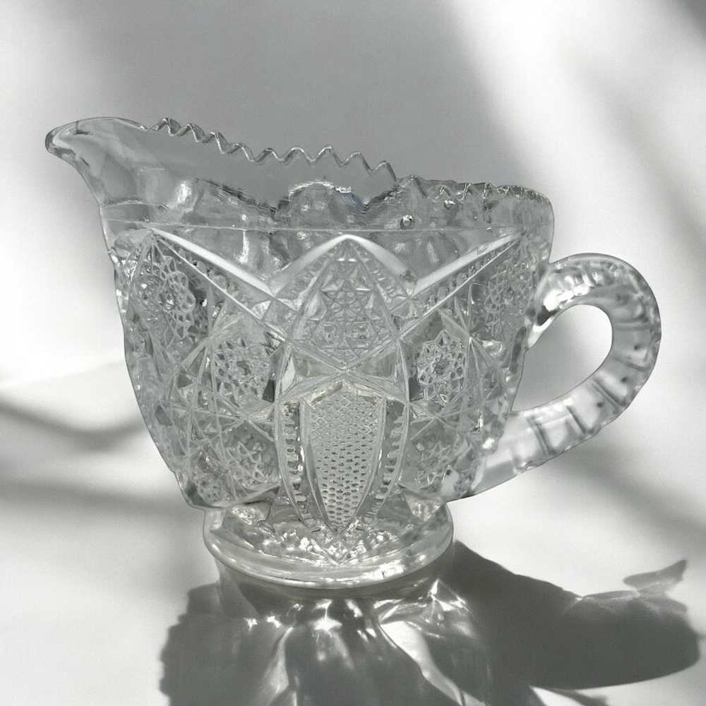 Vintage Clear Cut Glass Creamer – 4” Elegant Pressed Glass Design Mini Pitcher